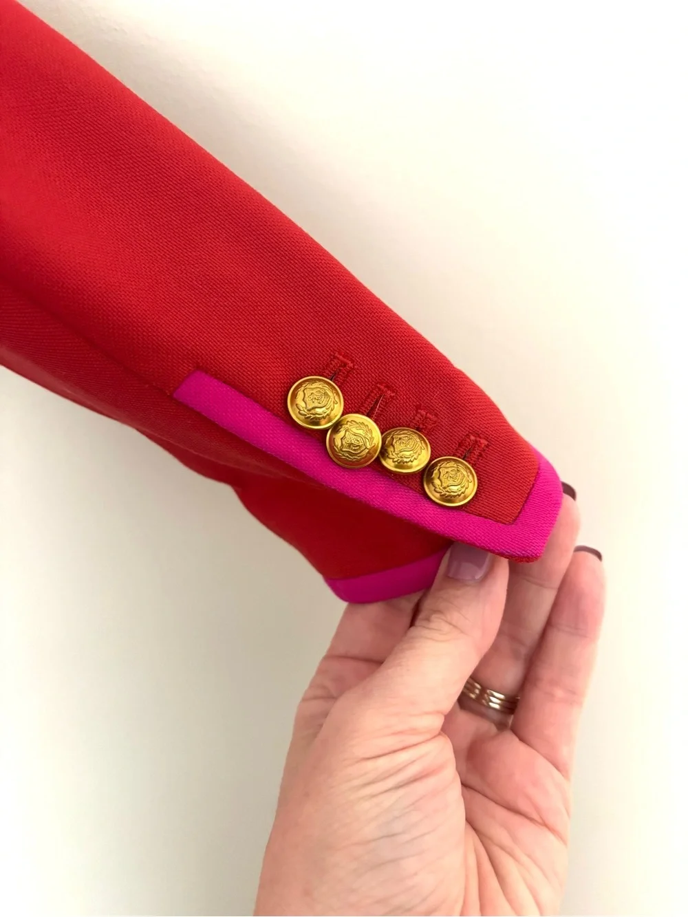 J. Crew Rhodes Red Blazer-Hot Pink Trim and Gold Button Detail Woman’s Size 0